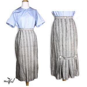 Vintage Early 80s Gray Stripe High Waist Midi Skirt Gathered Back Sz 9 - Hey Viv